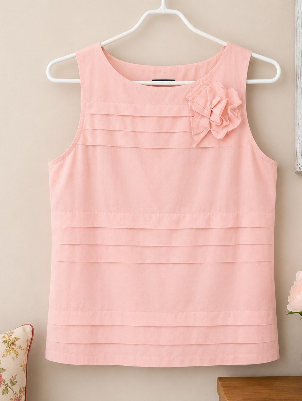 Talbots Pink Cotton Sleeveless Top Size 10 Floral Rosette Accent